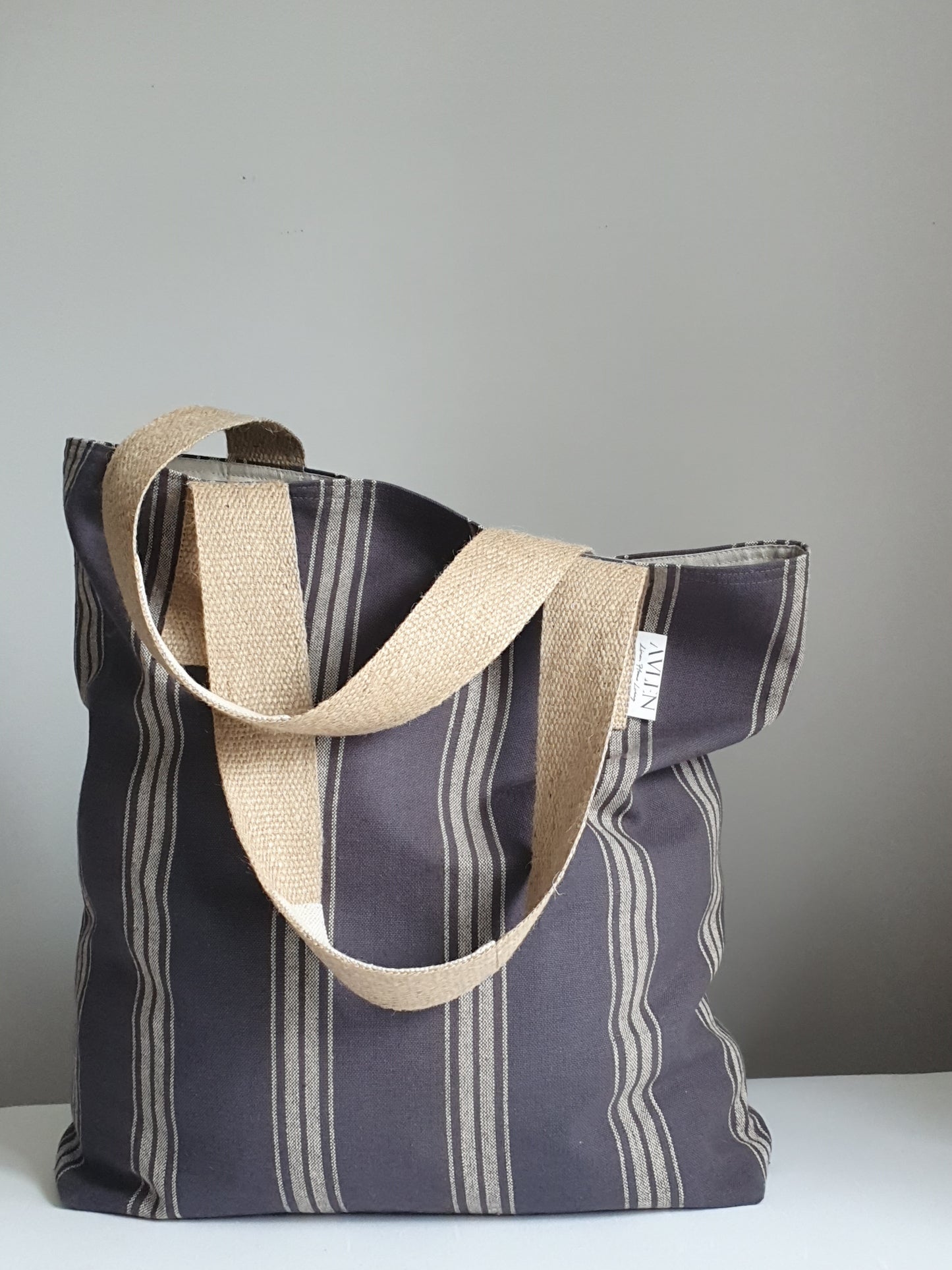 Slate Stripe Linen Shopper Bag - AVLEN