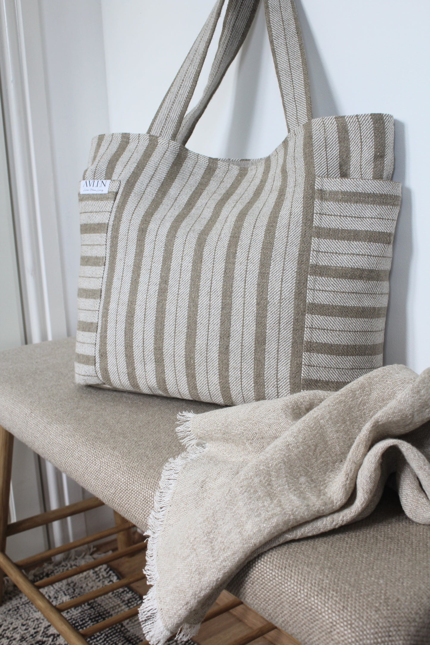 Striped linen shoulder tote bag