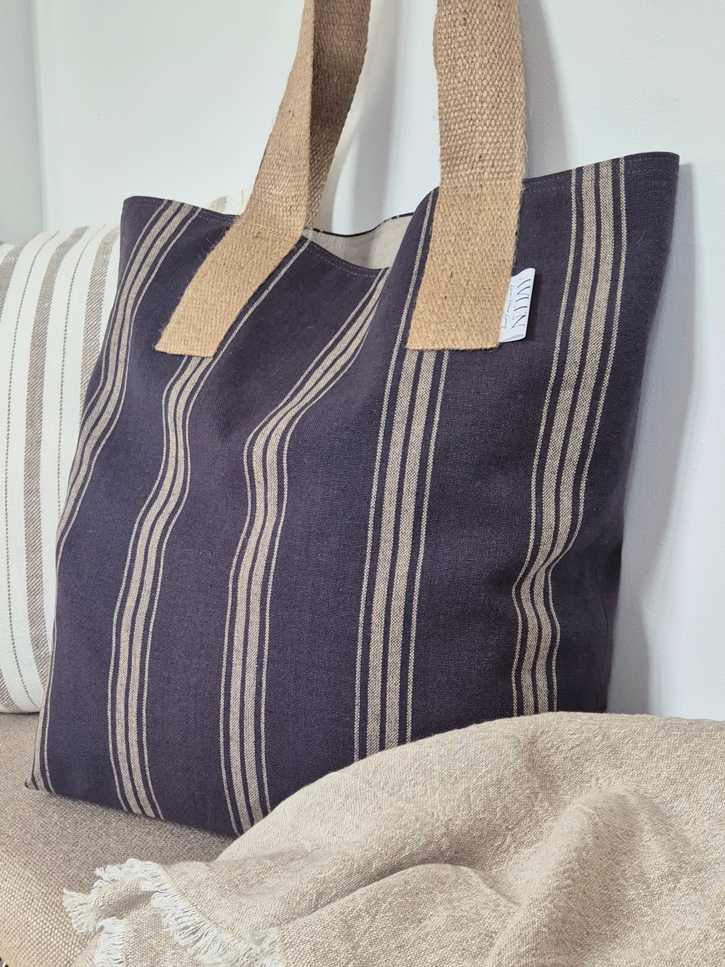 linen shoulder beach bag in grey and brown stripe