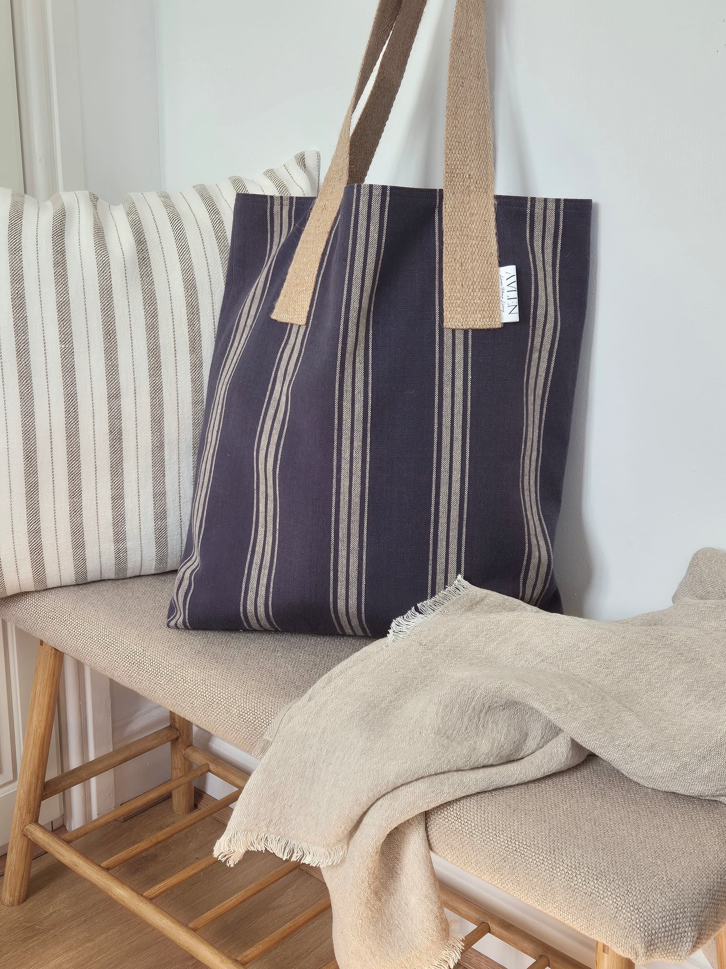 linen shopper bag in grey stripe