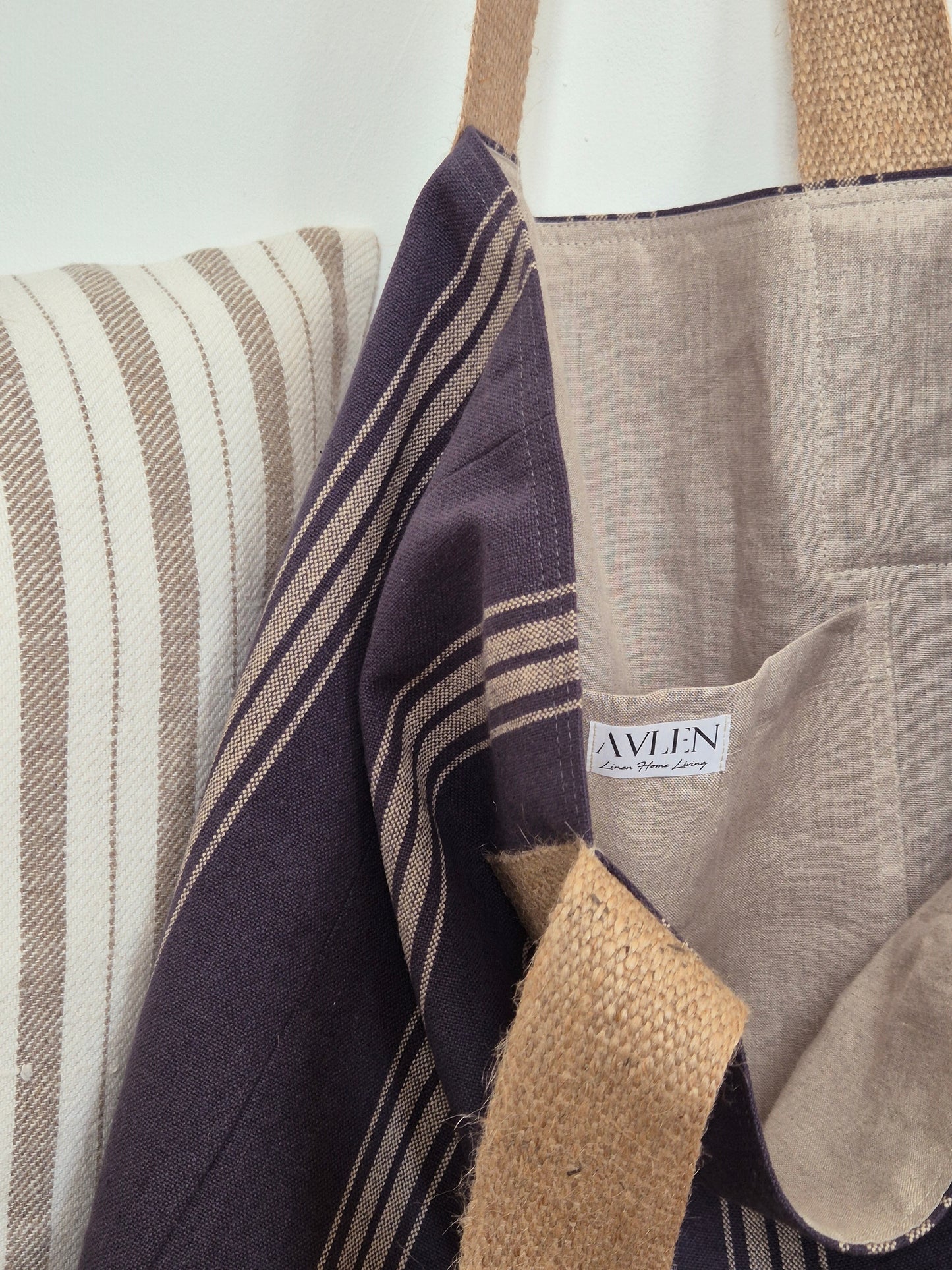 linen strong tote bag in grey stripe
