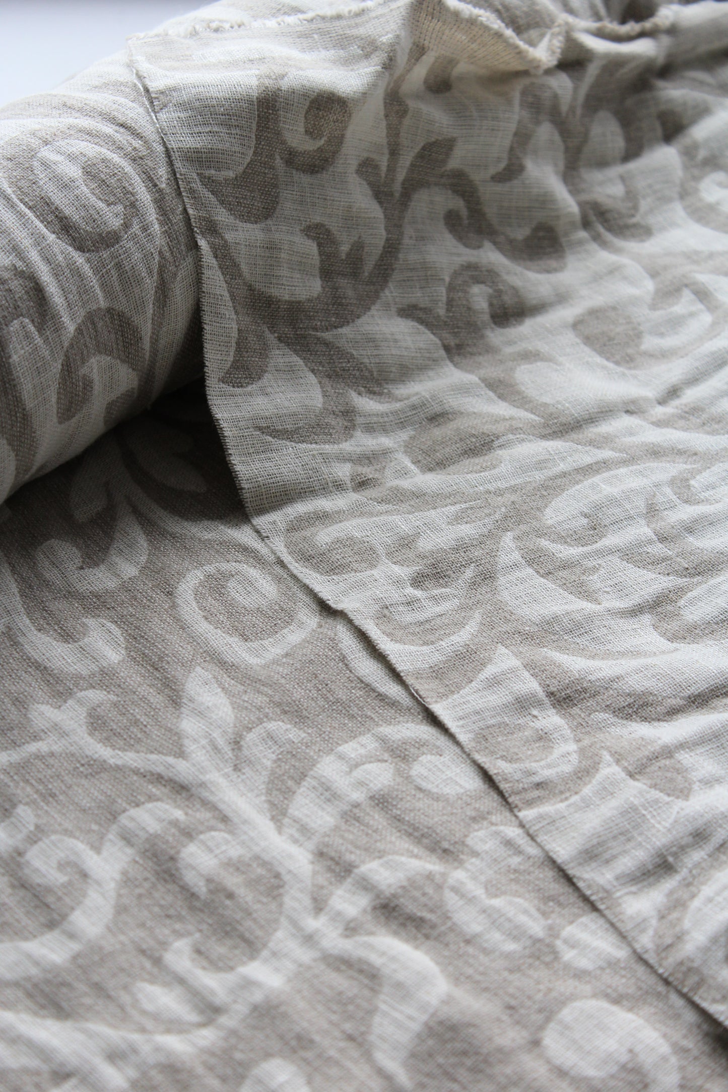 pure natural flax linen neutral oatmeal beige and sand colour, floral pattern, double woven, medium weight fabric