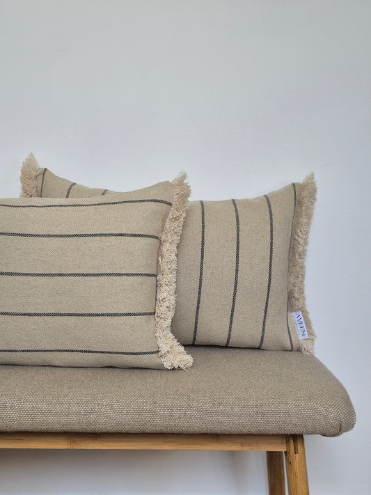 Beige and grey striped oblong cushion cover in pure linen with fringed edge