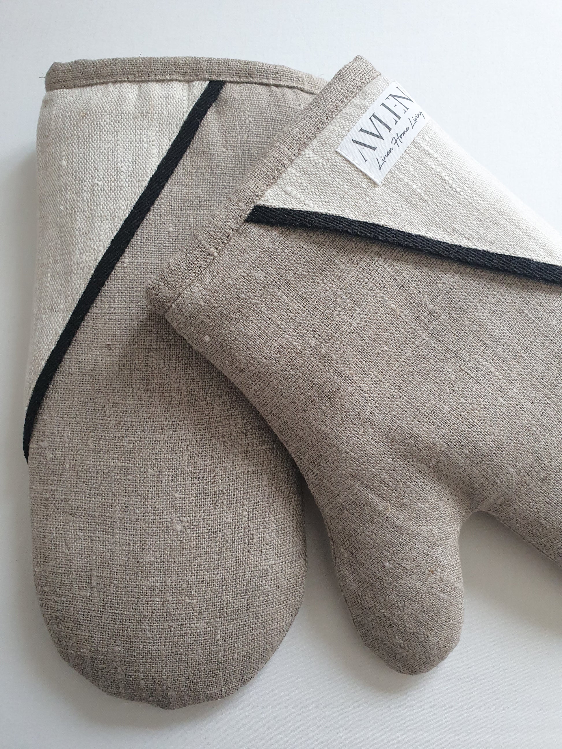 Pure Natural Flax Linen oven gloves in rustic slubby texture in sand beige colour with black accent details