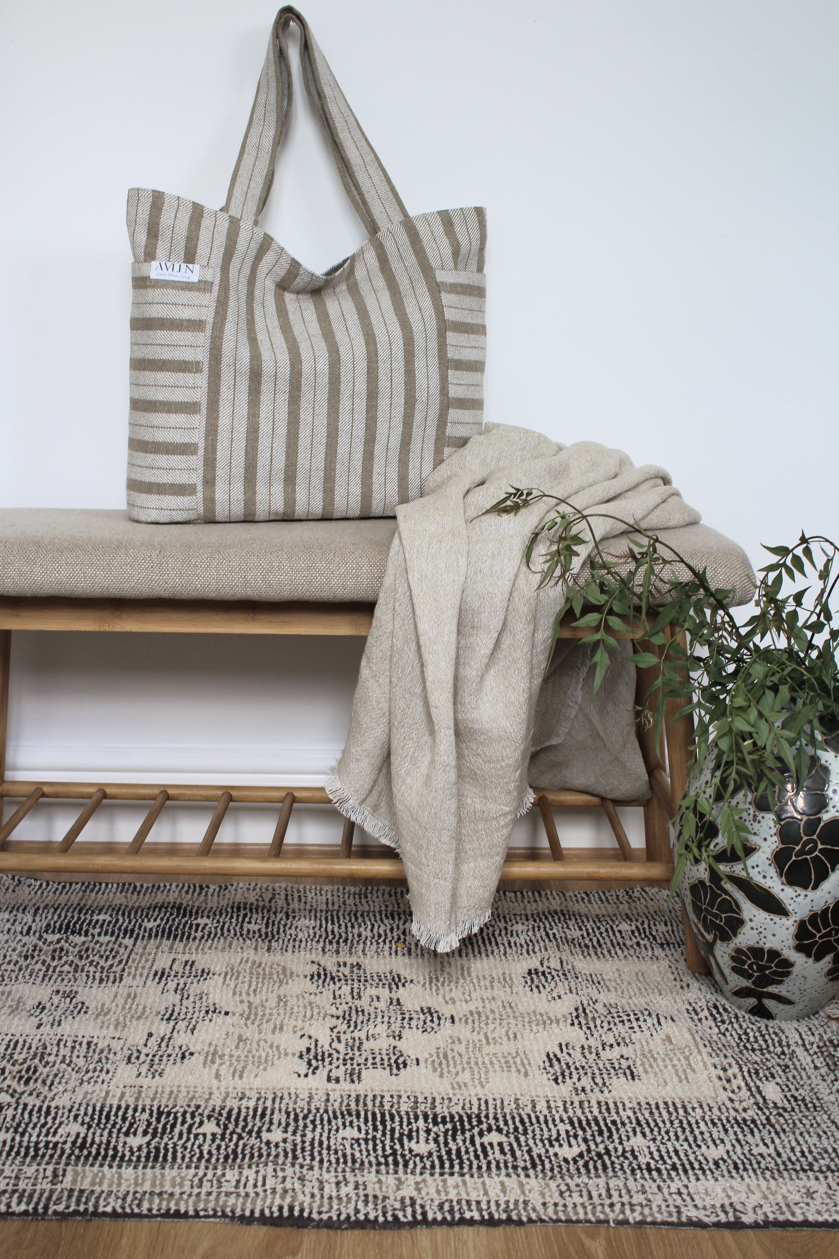 linen shopper bag in sand stripe