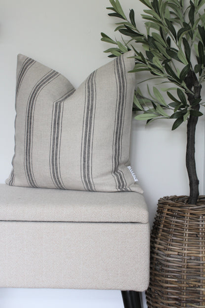 Timeless grey and beige striped cushion cover in pure natural linen fabric. Ideal statement chain cushion