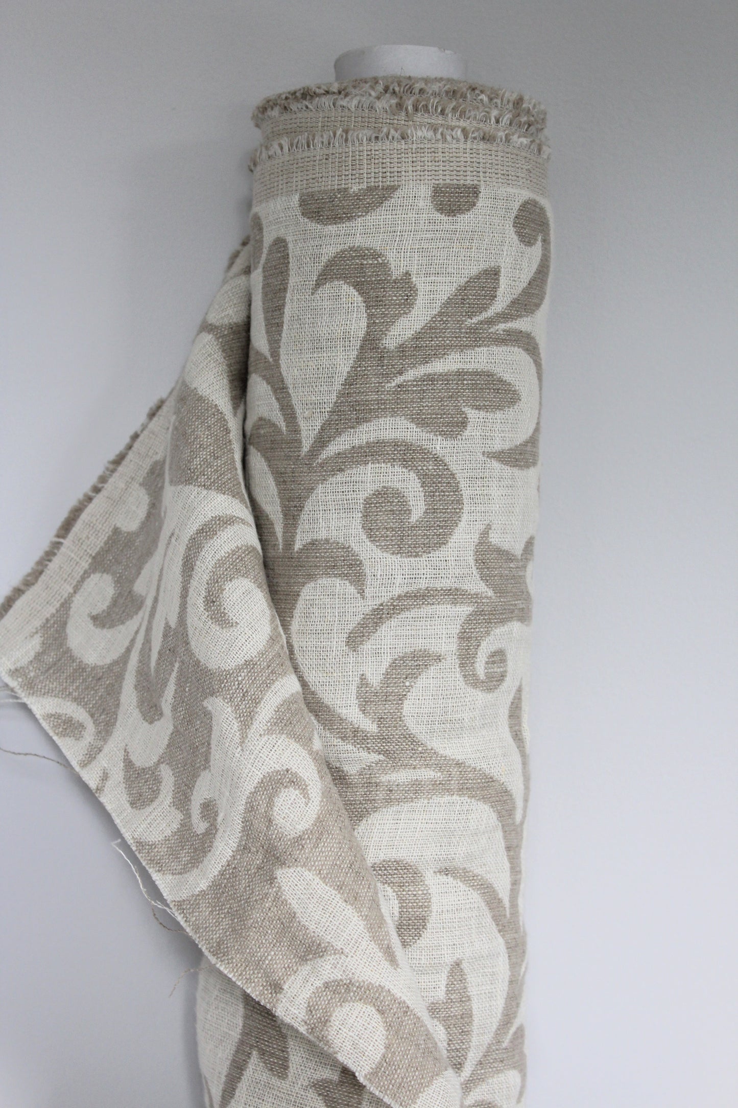 pure natural flax linen neutral oatmeal beige and sand colour, floral pattern, double woven, medium weight fabric