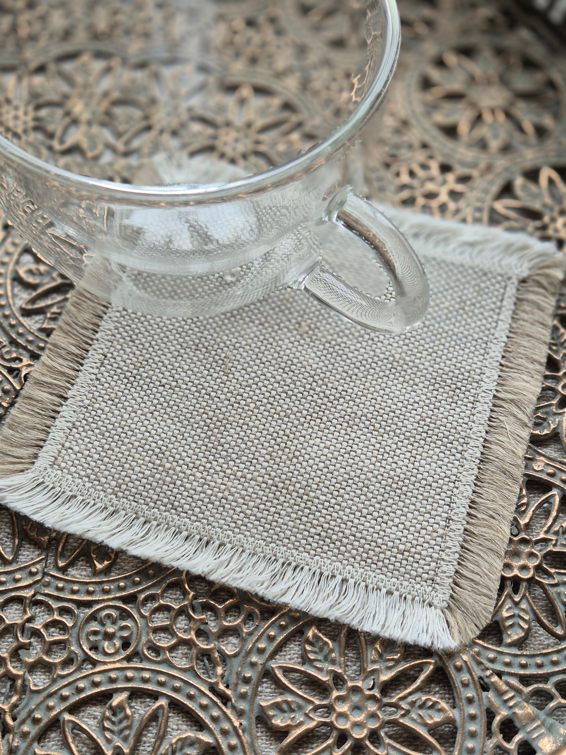 Sara oatmeal pure linen textured coasters with hand brushed edges.