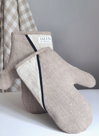 Pure Natural Flax Linen oven gloves in rustic slubby texture in sand beige colour with black accent details